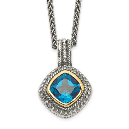 Sterling Silver 14K Gold Accent Cushion Bezel London Blue Topaz Necklace 18"