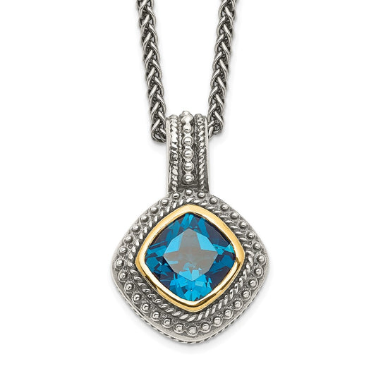 Sterling Silver 14K Gold Accent Cushion Bezel London Blue Topaz Necklace 18"