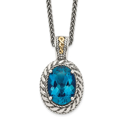 Sterling Silver 14K Gold Accent Oval London Blue Topaz Hinged Bail Necklace 18"