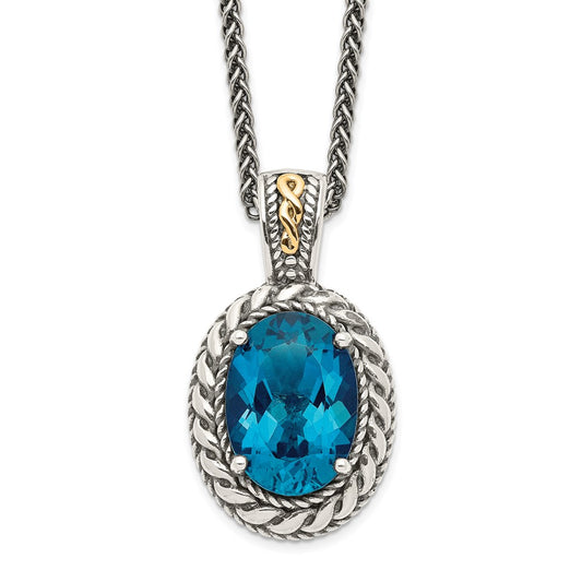 Sterling Silver 14K Gold Accent Oval London Blue Topaz Hinged Bail Necklace 18"