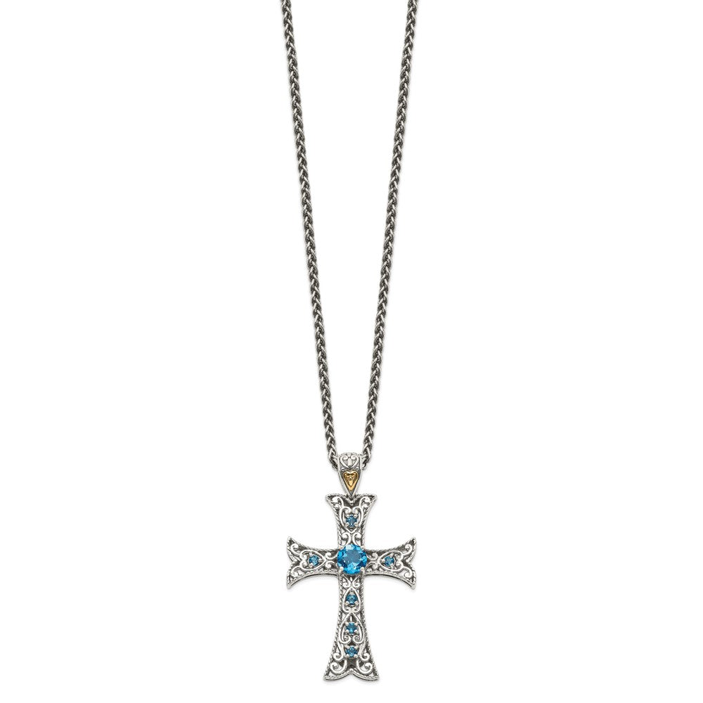 Sterling Silver 14K Gold Accent Round London Blue Topaz Cross Necklace 18"