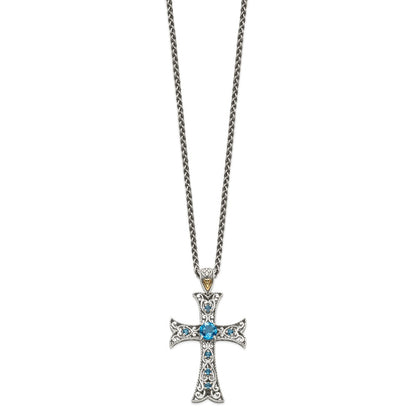 Sterling Silver 14K Gold Accent Round London Blue Topaz Cross Necklace 18"