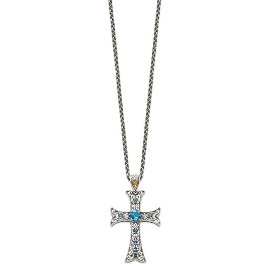 Sterling Silver 14K Gold Accent Round London Blue Topaz Cross Necklace 18"