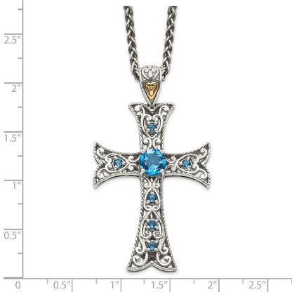 Sterling Silver 14K Gold Accent Round London Blue Topaz Cross Necklace 18"