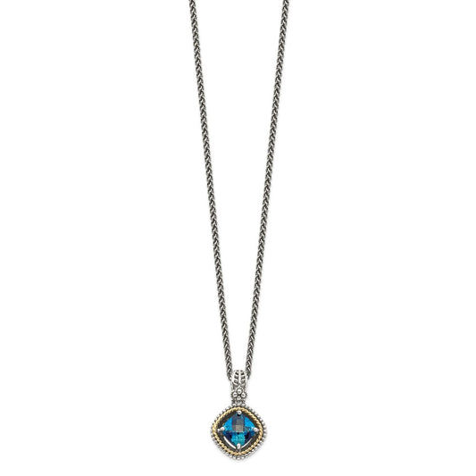 Sterling Silver 14K Gold Accent CushionLondon Blue Topaz Necklace 18"