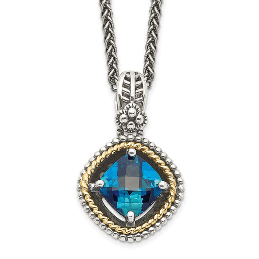 Sterling Silver 14K Gold Accent CushionLondon Blue Topaz Necklace 18"