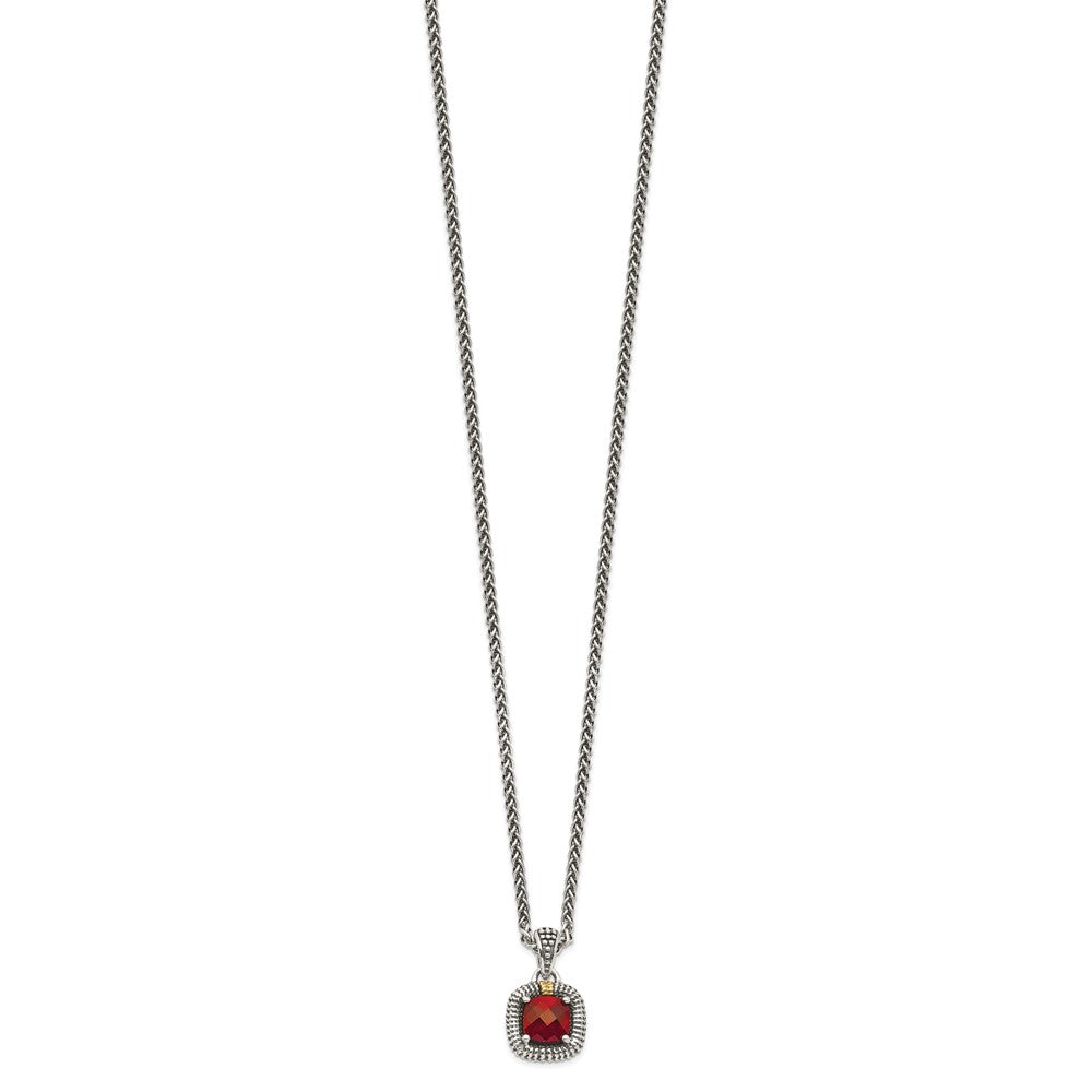 Sterling Silver 14K Gold Accent Checkerboard Bezel Garnet Necklace 18"