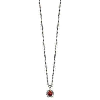 Sterling Silver 14K Gold Accent Checkerboard Bezel Garnet Necklace 18"