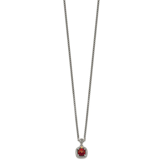 Sterling Silver 14K Gold Accent Checkerboard Bezel Garnet Necklace 18"