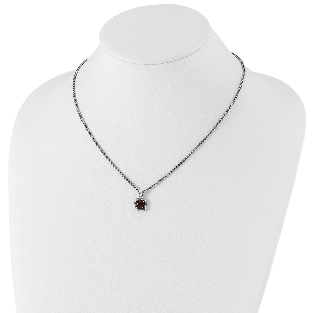 Sterling Silver 14K Gold Accent Checkerboard Bezel Garnet Necklace 18"