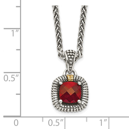 Sterling Silver 14K Gold Accent Checkerboard Bezel Garnet Necklace 18"