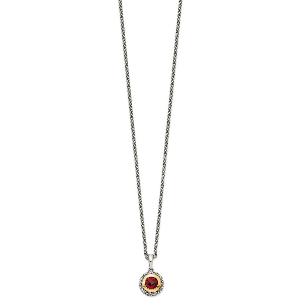 Sterling Silver 14K Gold Accent Checkerboard Round Bezel Garnet Necklace 18"