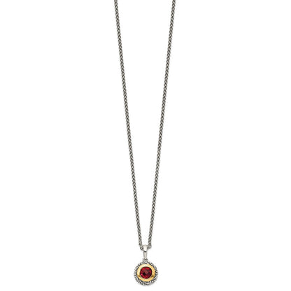 Sterling Silver 14K Gold Accent Checkerboard Round Bezel Garnet Necklace 18"