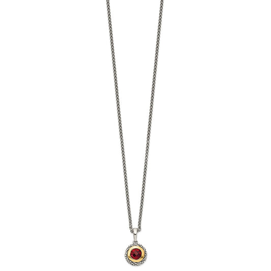 Sterling Silver 14K Gold Accent Checkerboard Round Bezel Garnet Necklace 18"