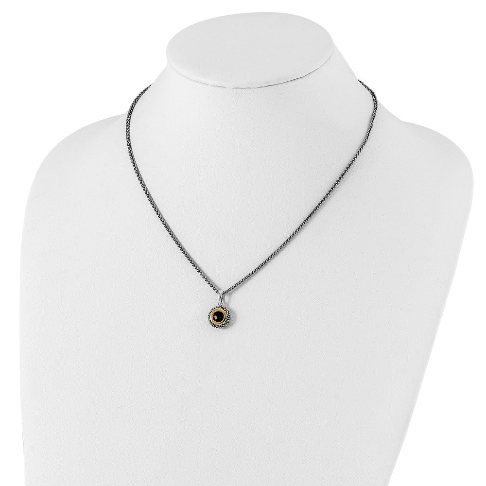 Sterling Silver 14K Gold Accent Checkerboard Round Bezel Garnet Necklace 18"