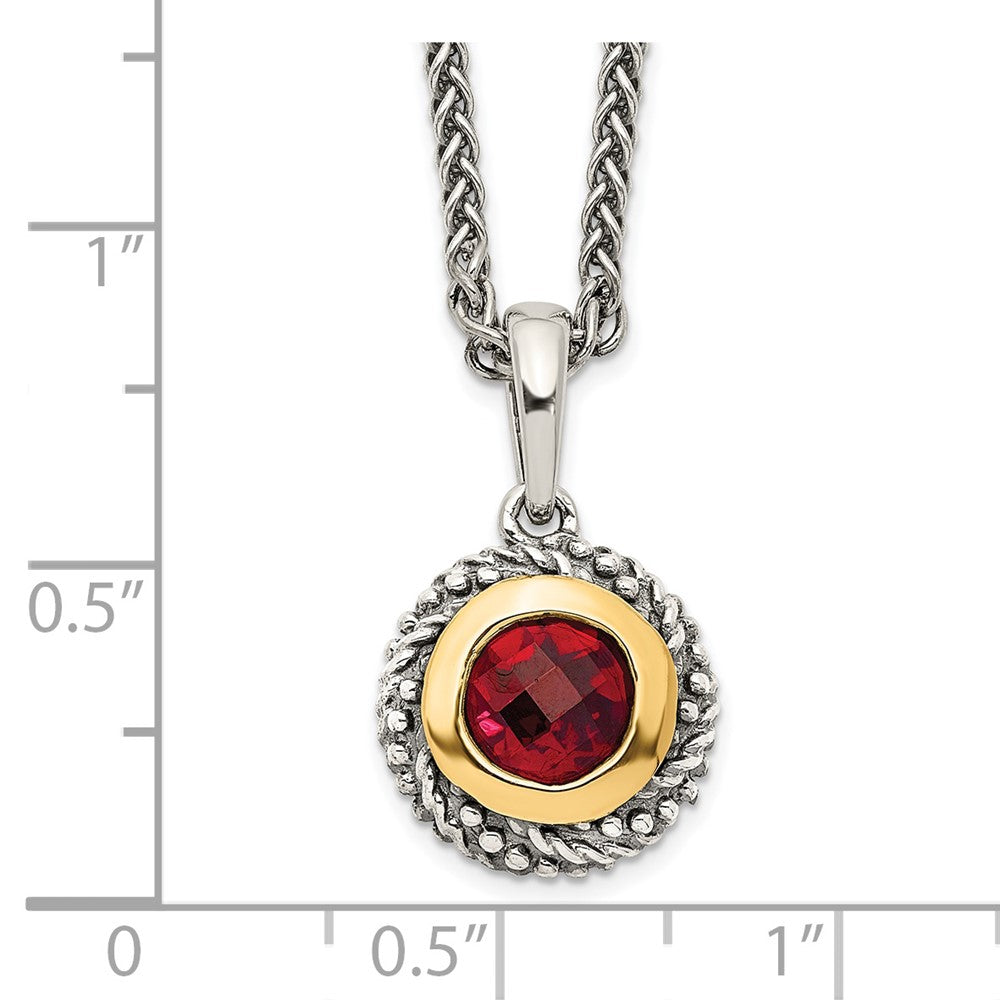 Sterling Silver 14K Gold Accent Checkerboard Round Bezel Garnet Necklace 18"