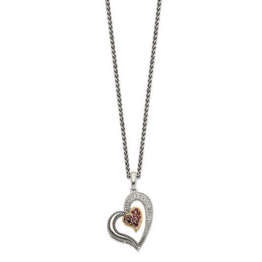 Sterling Silver 14K Gold Accent .22 Ct Garnet and .20 Ct White Topaz Heart Necklace 18"