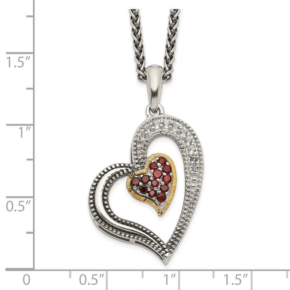 Sterling Silver 14K Gold Accent .22 Ct Garnet and .20 Ct White Topaz Heart Necklace 18"