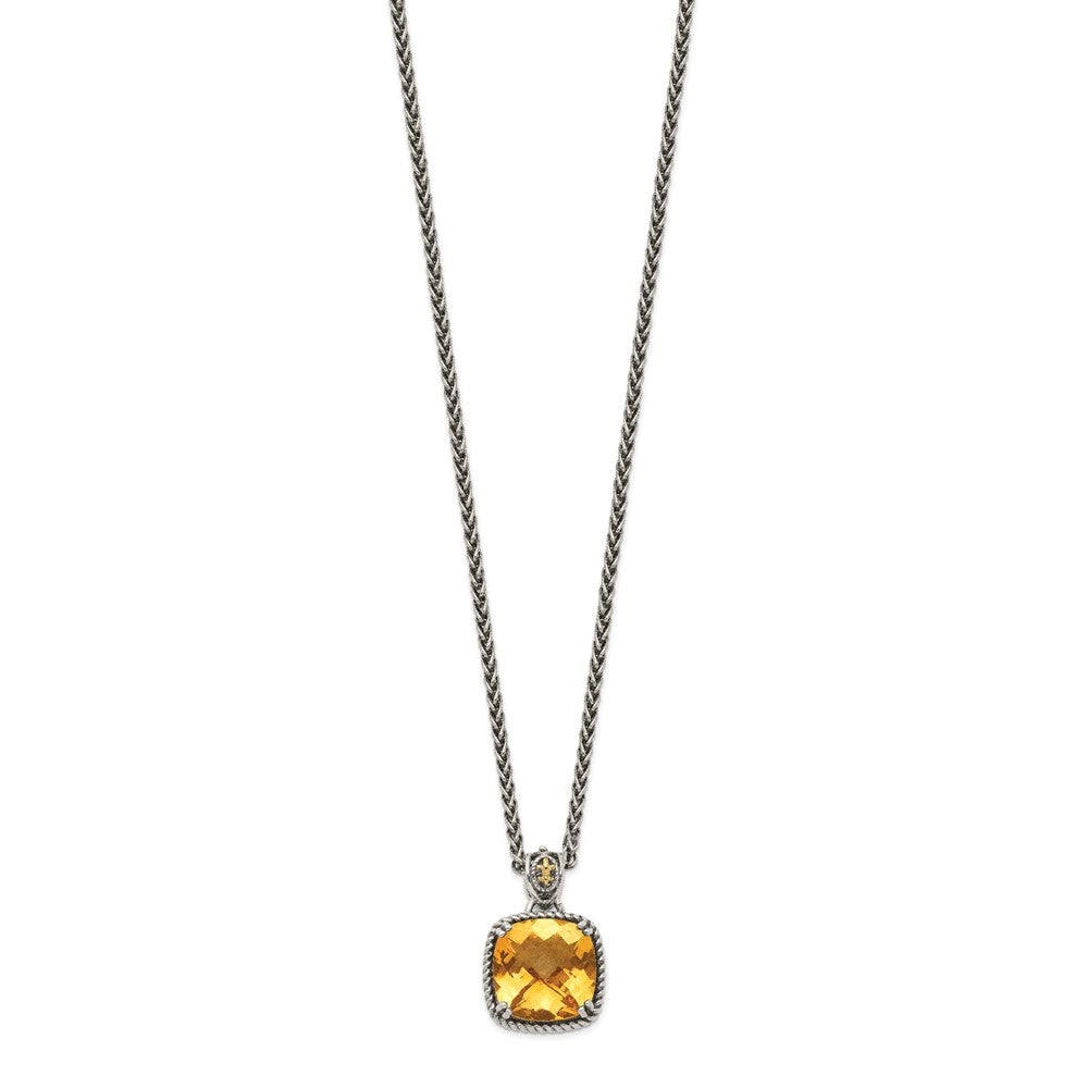 Sterling Silver 14K Gold Accent Checkerboard Cushion Citrine Necklace 18"