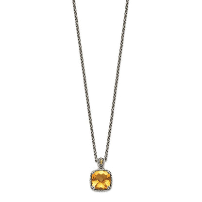 Sterling Silver 14K Gold Accent Checkerboard Cushion Citrine Necklace 18"