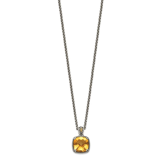 Sterling Silver 14K Gold Accent Checkerboard Cushion Citrine Necklace 18"