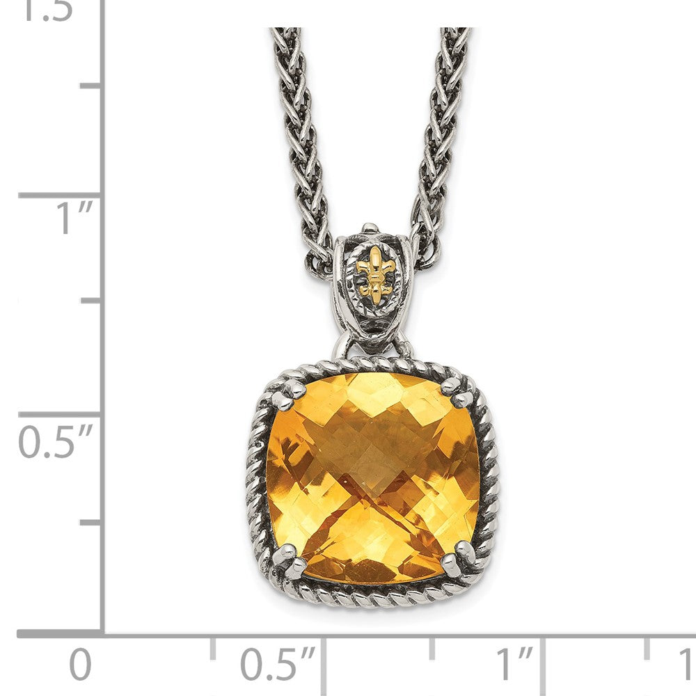 Sterling Silver 14K Gold Accent Checkerboard Cushion Citrine Necklace 18"