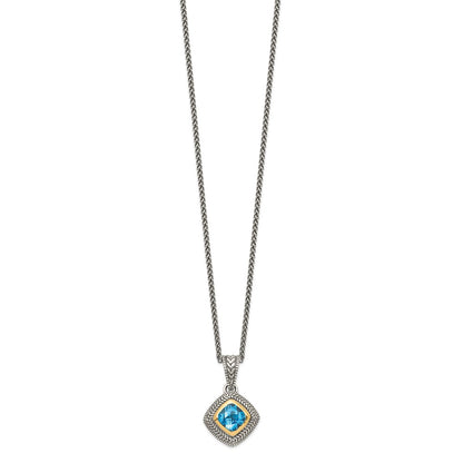 Sterling Silver 14K Gold Accent Cushion Bezel Sky Blue Topaz Necklace 18"
