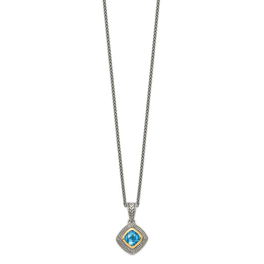 Sterling Silver 14K Gold Accent Cushion Bezel Sky Blue Topaz Necklace 18"