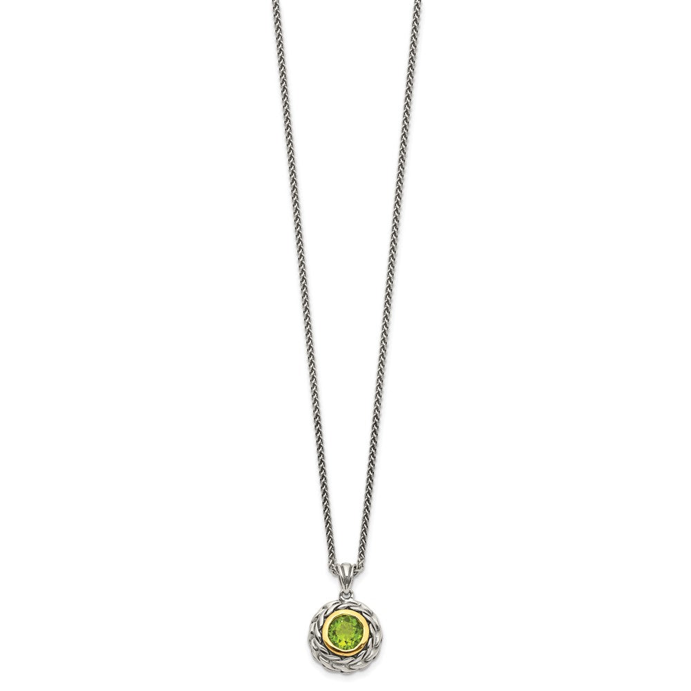 Sterling Silver 14K Gold Accent Round Bezel Peridot Necklace 18"