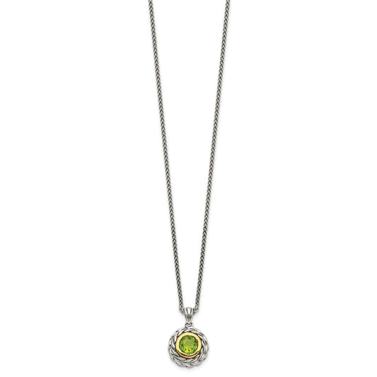 Sterling Silver 14K Gold Accent Round Bezel Peridot Necklace 18"