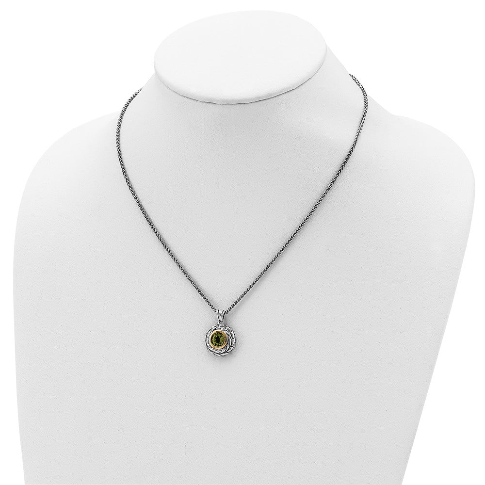 Sterling Silver 14K Gold Accent Round Bezel Peridot Necklace 18"