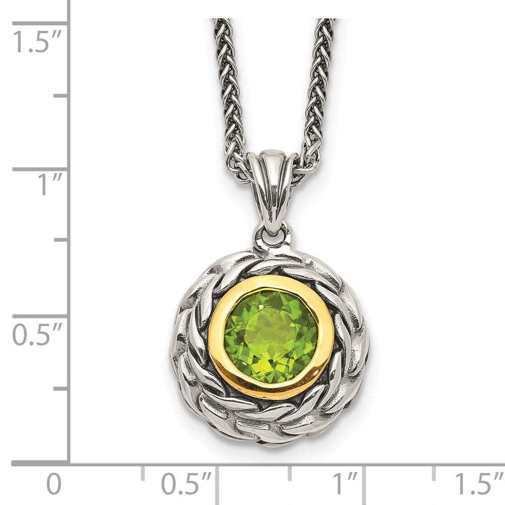 Sterling Silver 14K Gold Accent Round Bezel Peridot Necklace 18"