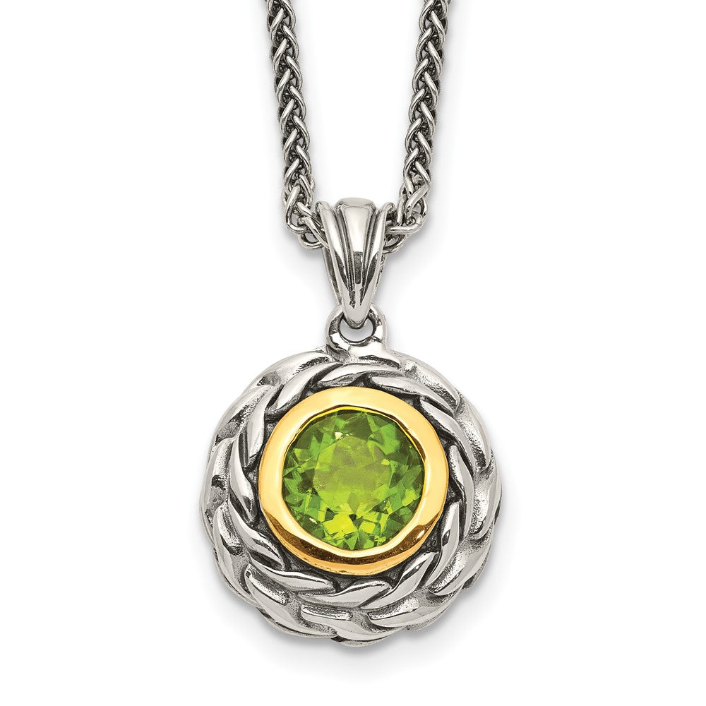 Sterling Silver 14K Gold Accent Round Bezel Peridot Necklace 18"