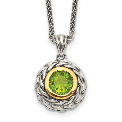 Sterling Silver 14K Gold Accent Round Bezel Peridot Necklace 18"