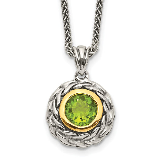 Sterling Silver 14K Gold Accent Round Bezel Peridot Necklace 18"