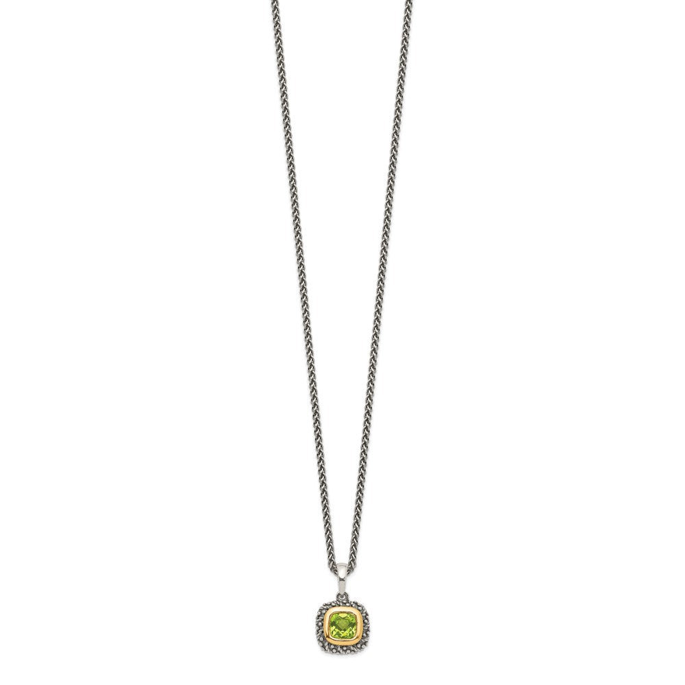 Sterling Silver 14K Gold Accent Cushion Bezel Peridot Necklace 18"