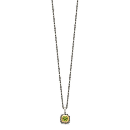 Sterling Silver 14K Gold Accent Cushion Bezel Peridot Necklace 18"