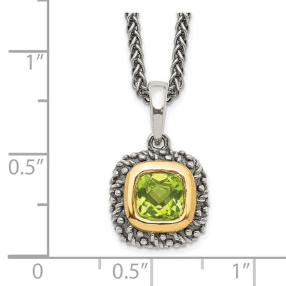 Sterling Silver 14K Gold Accent Cushion Bezel Peridot Necklace 18"