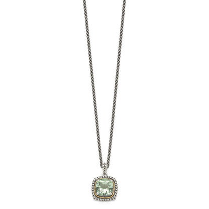 Sterling Silver 14K Gold Accent Cushion Green Quartz Necklace 18"