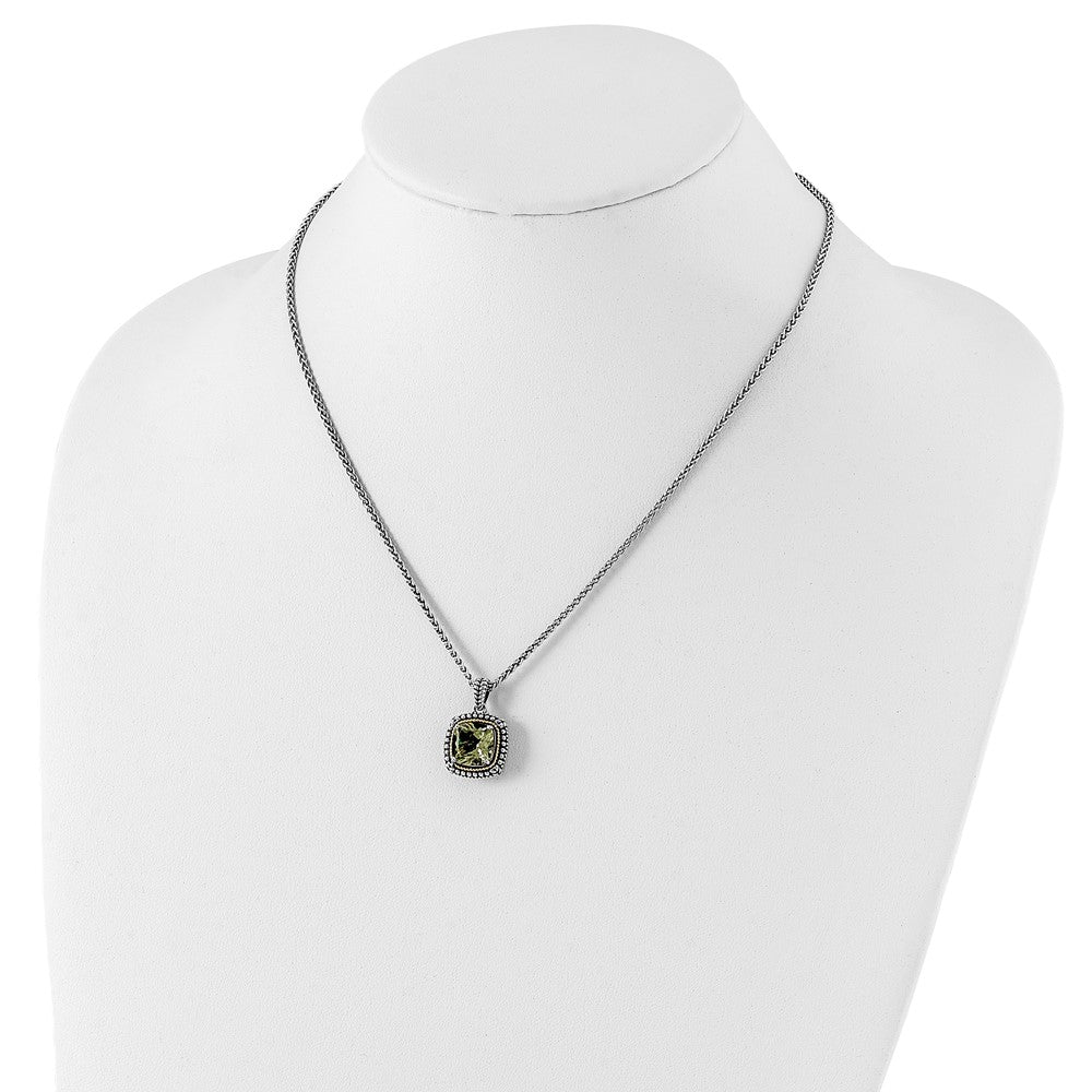 Sterling Silver 14K Gold Accent Cushion Green Quartz Necklace 18"