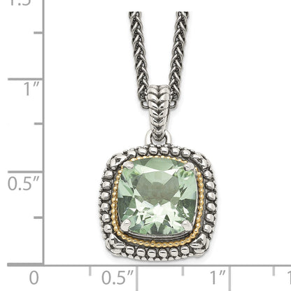 Sterling Silver 14K Gold Accent Cushion Green Quartz Necklace 18"