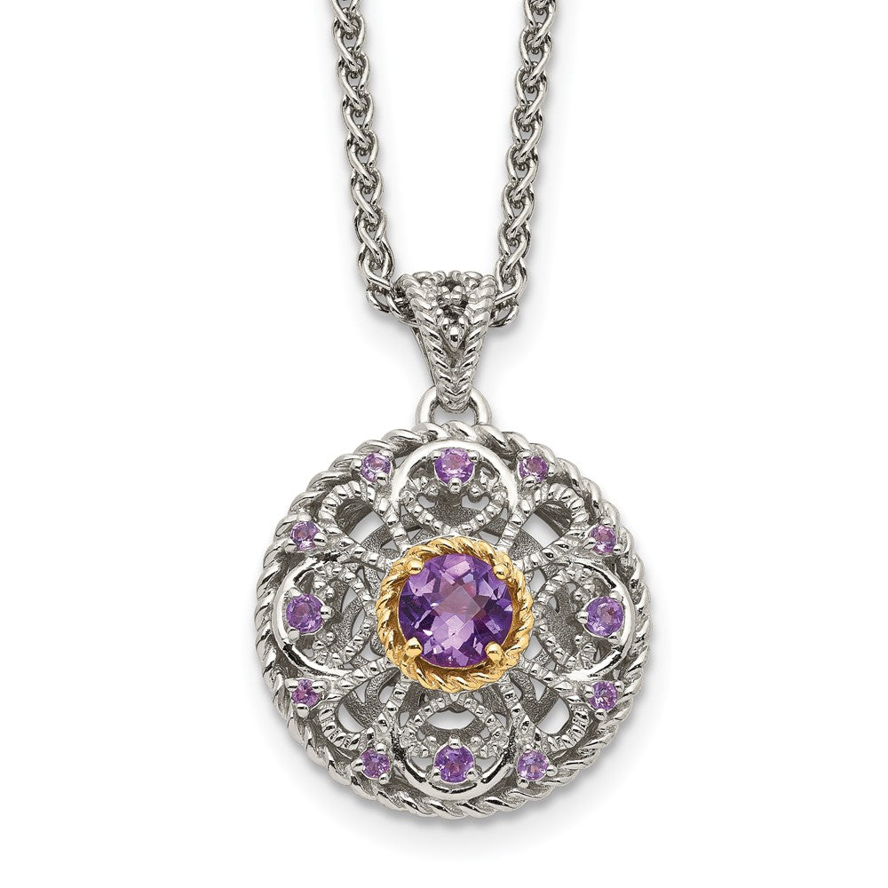 Sterling Silver 14K Gold Accent Round Amethyst Necklace 18"