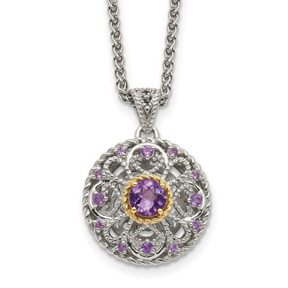 Sterling Silver 14K Gold Accent Round Amethyst Necklace 18"
