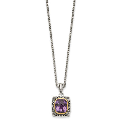 Sterling Silver 14K Gold Accent Checkerboard-cut Cushion Bezel Amethyst Necklace 18"
