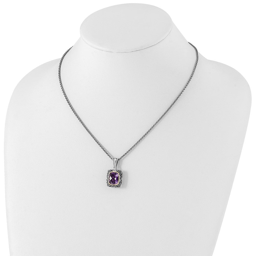 Sterling Silver 14K Gold Accent Checkerboard-cut Cushion Bezel Amethyst Necklace 18"