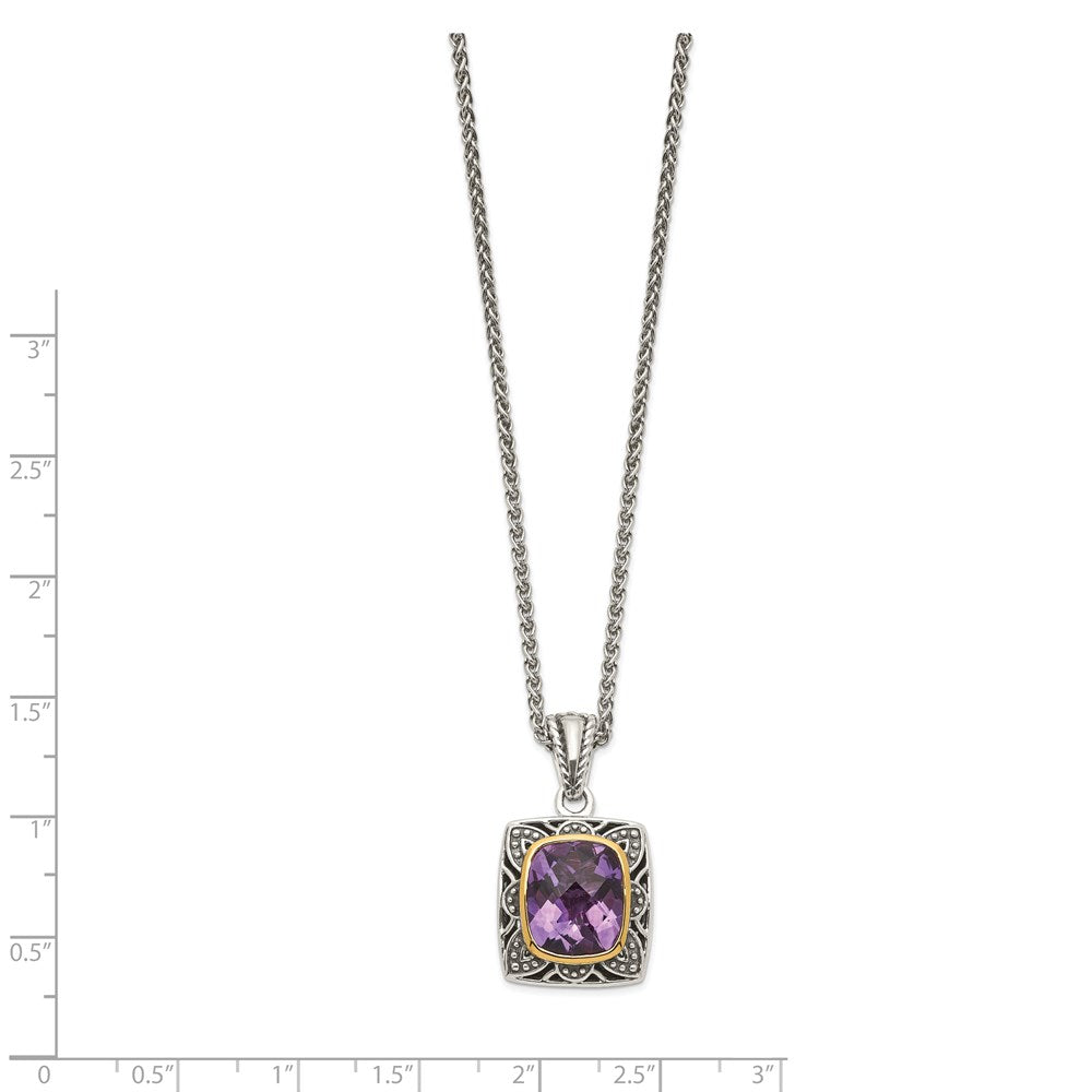 Sterling Silver 14K Gold Accent Checkerboard-cut Cushion Bezel Amethyst Necklace 18"