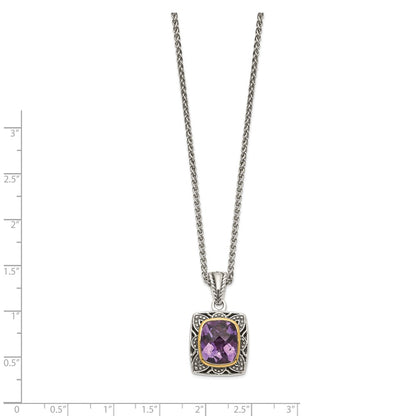 Sterling Silver 14K Gold Accent Checkerboard-cut Cushion Bezel Amethyst Necklace 18"