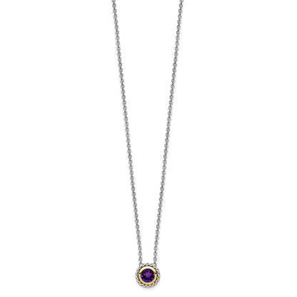 Sterling Silver 14K Gold Accent Round Bezel Amethyst Necklace 18"