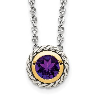 Sterling Silver 14K Gold Accent Round Bezel Amethyst Necklace 18"