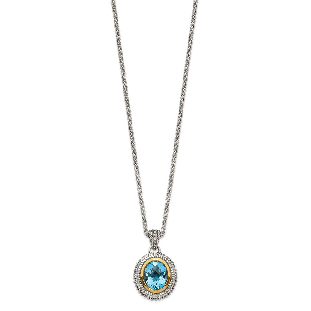 Sterling Silver 14K Gold Accent Oval Bezel Light Swiss Blue Topaz Necklace 18"